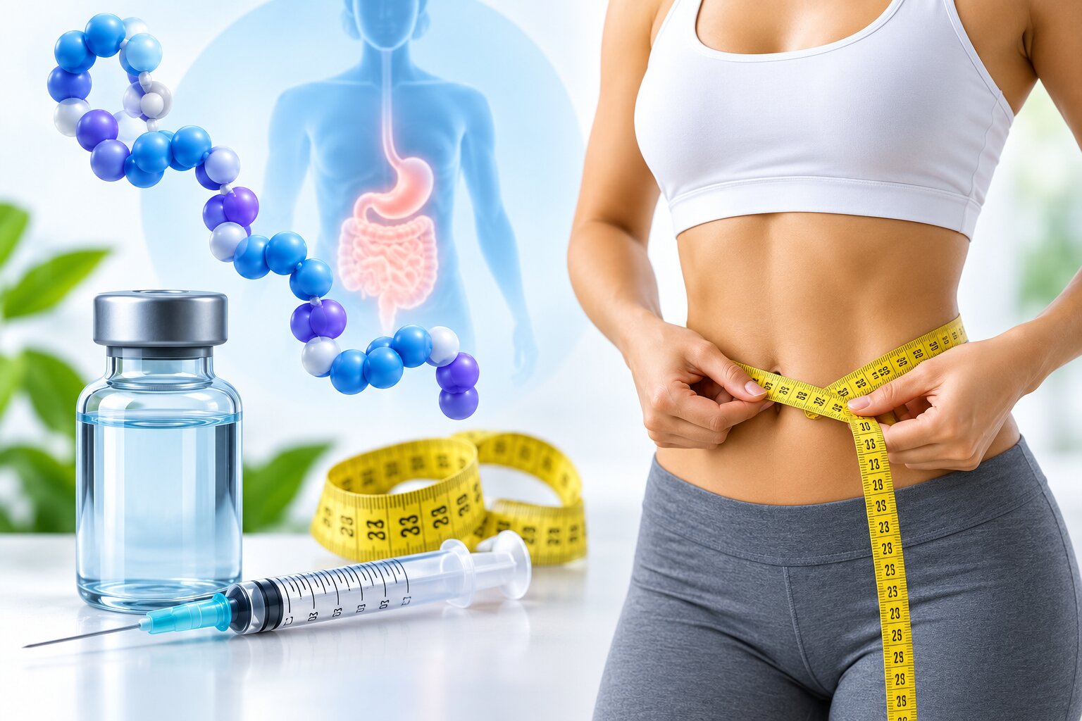HCG and Weight Loss: Facts and Myths HCG and weight loss with peptide molecule, syringe, and measuring tape