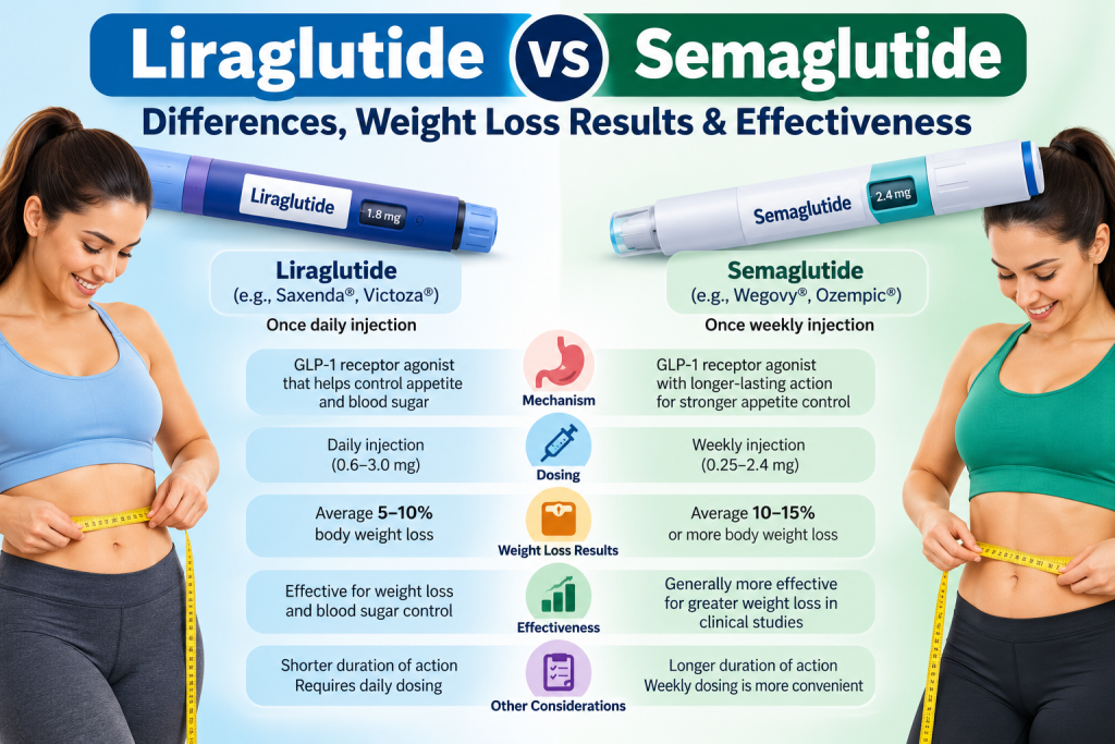 Liraglutide vs semaglutide comparison showing weight loss results, dosage differences, and effectiveness.