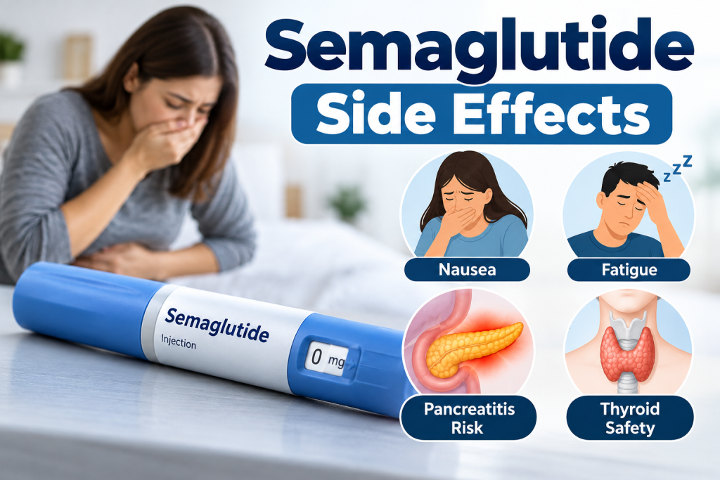 Semaglutide side effects including nausea, fatigue, pancreatitis risk, and thyroid safety concerns