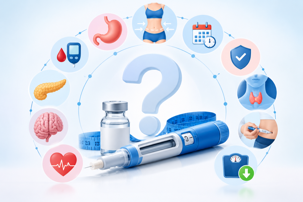 Semaglutide FAQs for new patients featuring an injection pen, vial, weight loss and medical safety illustrations.
